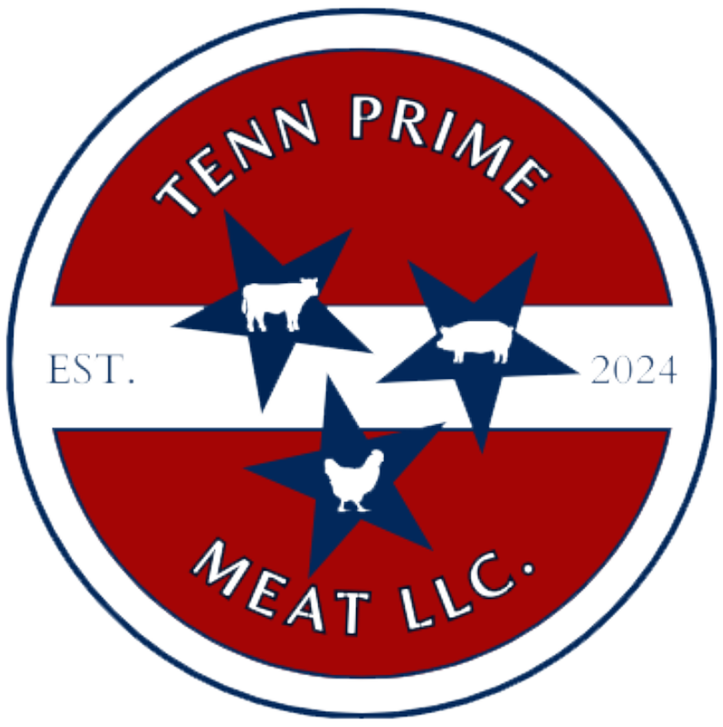 Logo of Tenn Prime Meat LLC featuring red and blue colors, stars, and silhouettes of a cow, pig, and chicken, established in 2024.